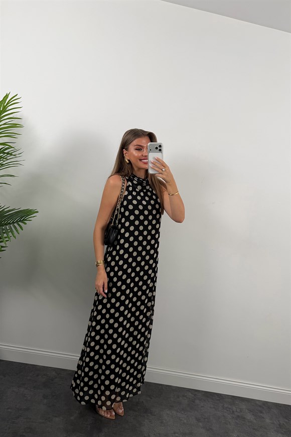 Premium Seri Puantiyeli Maxi Şifon Elbise