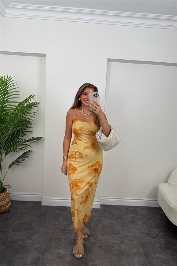 Premium Seri Sarı Çiçekli Likralı Maxi Tül Elbise