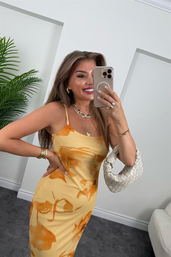 Premium Seri Sarı Çiçekli Likralı Maxi Tül Elbise