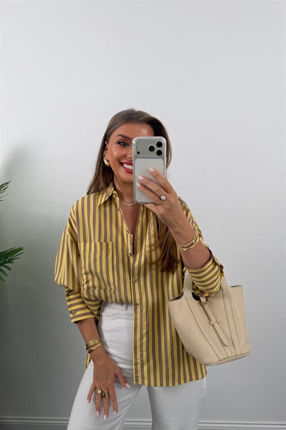 Premium Seri Sarı Vizon Çizgili Tensel Gömlek