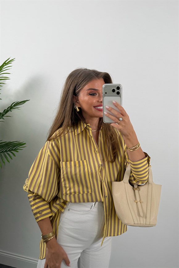 Premium Seri Sarı Vizon Çizgili Tensel Gömlek