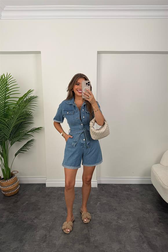 Premium Seri Şehir boy Jean Şort Tulum Orta Mavi