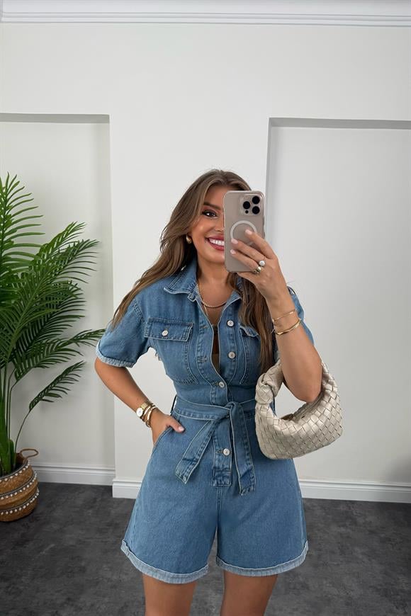 Premium Seri Şehir boy Jean Şort Tulum Orta Mavi