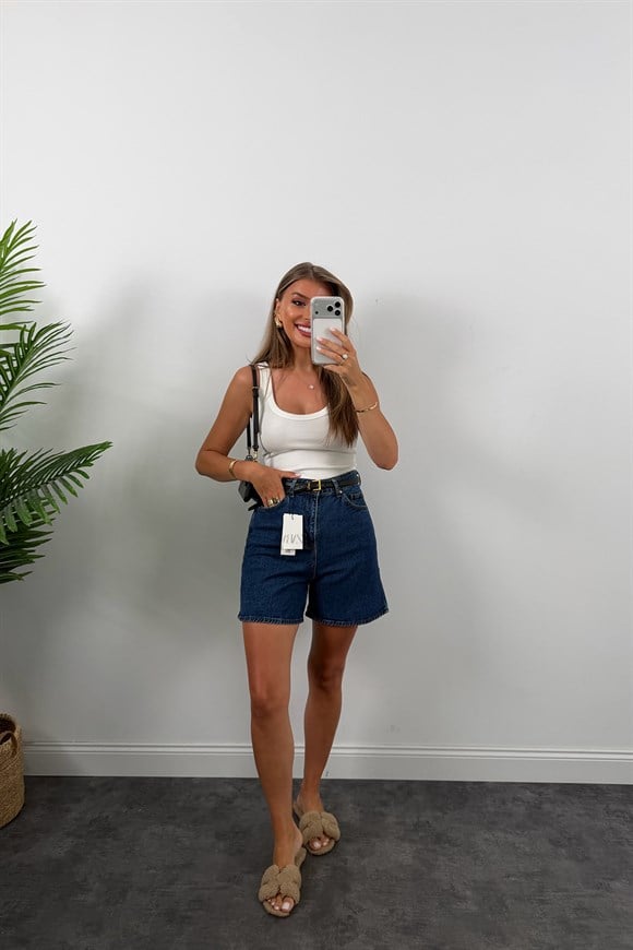 Premium Seri Şehir Boy Yüksek Bel Mom Şort 1020 Mavi