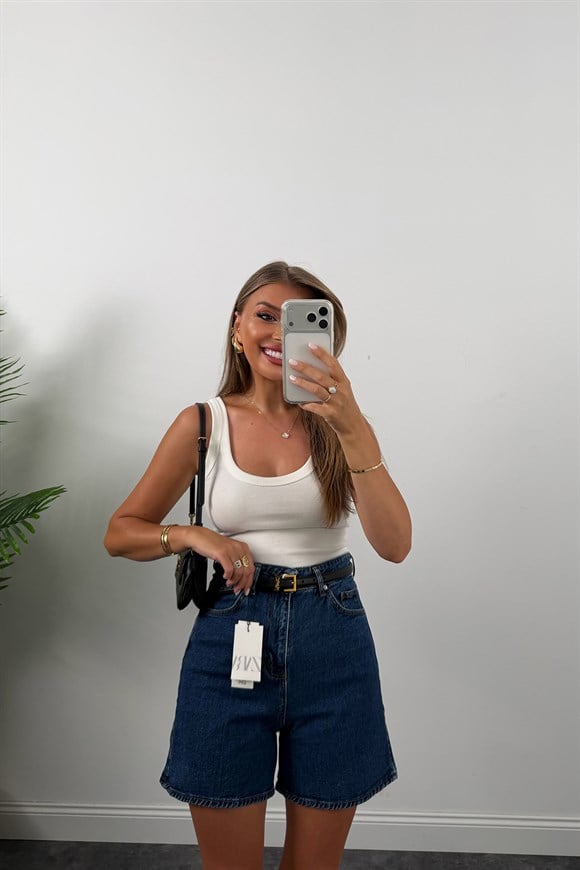 Premium Seri Şehir Boy Yüksek Bel Mom Şort 1020 Mavi