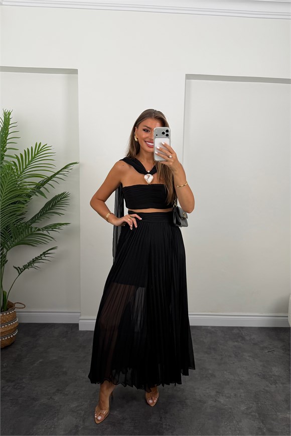 Premium Seri Şifon Pantolon Bluz Tasarım Takım Siyah 