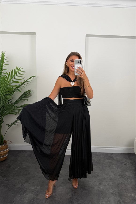Premium Seri Şifon Pantolon Bluz Tasarım Takım Siyah 