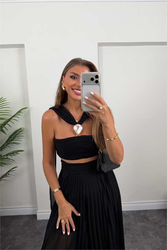 Premium Seri Şifon Pantolon Bluz Tasarım Takım Siyah 
