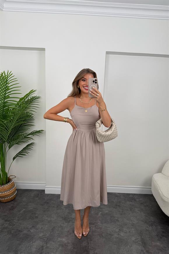 Premium Seri Sırt Detaylı Midi Tensel Elbise Taş