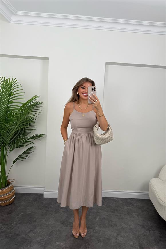 Premium Seri Sırt Detaylı Midi Tensel Elbise Taş