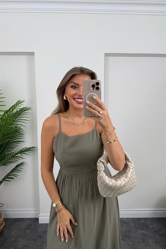 Premium Seri Sırt Detaylı Midi Tensel Elbise Haki 