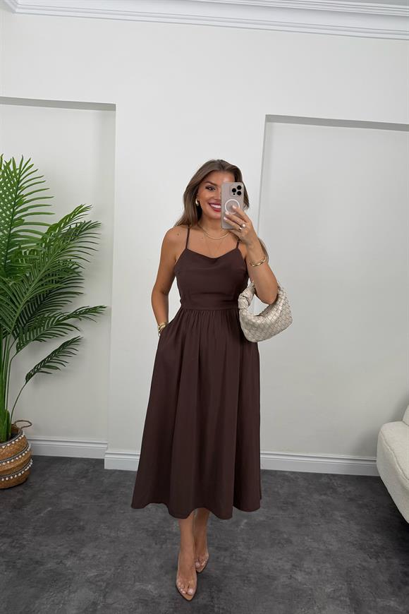 Premium Seri Sırt Detaylı Midi Tensel Elbise Acı Kahve