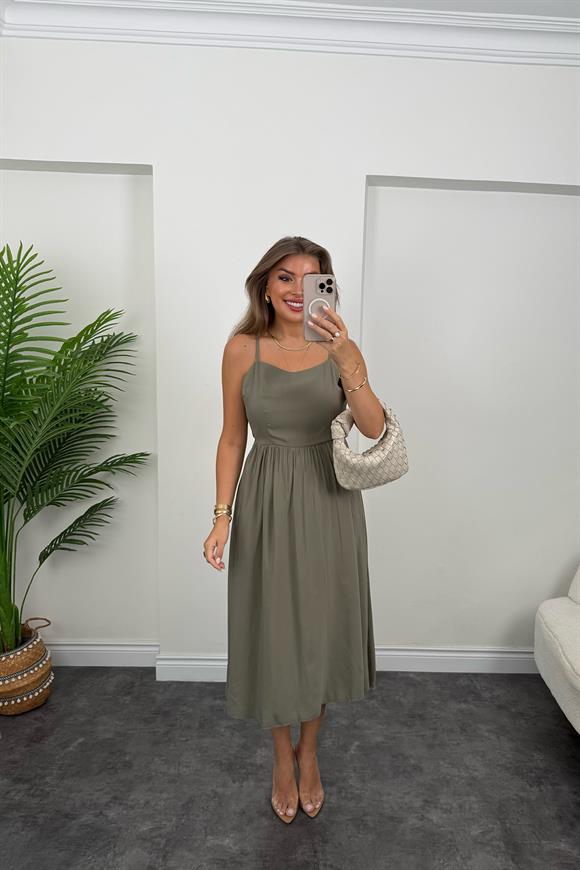 Premium Seri Sırt Detaylı Midi Tensel Elbise Haki 