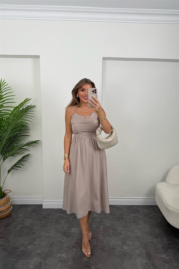 Premium Seri Sırt Detaylı Midi Tensel Elbise Taş