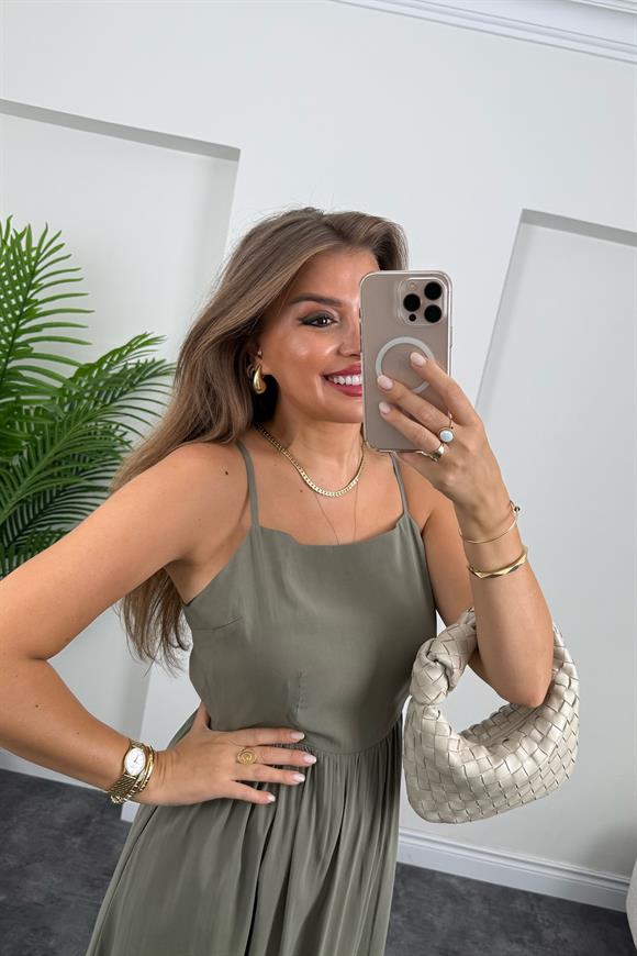 Premium Seri Sırt Detaylı Midi Tensel Elbise Haki 