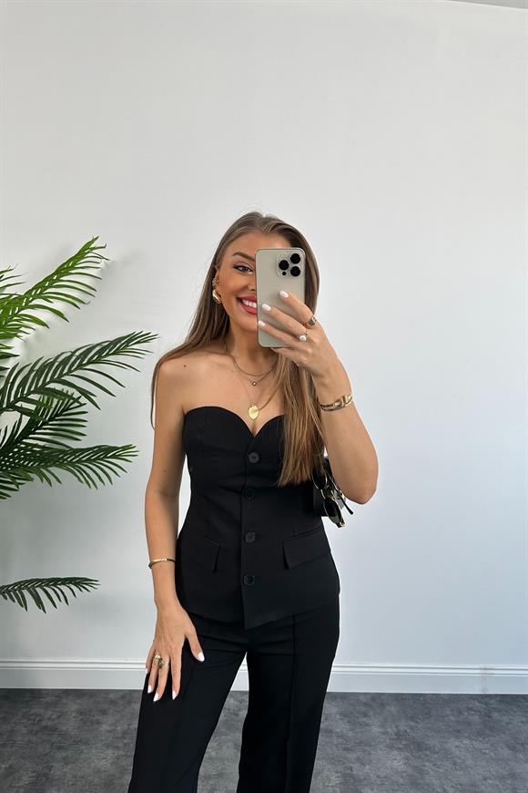 Premium Seri Straplez Yelek Palazzo Takım Siyah