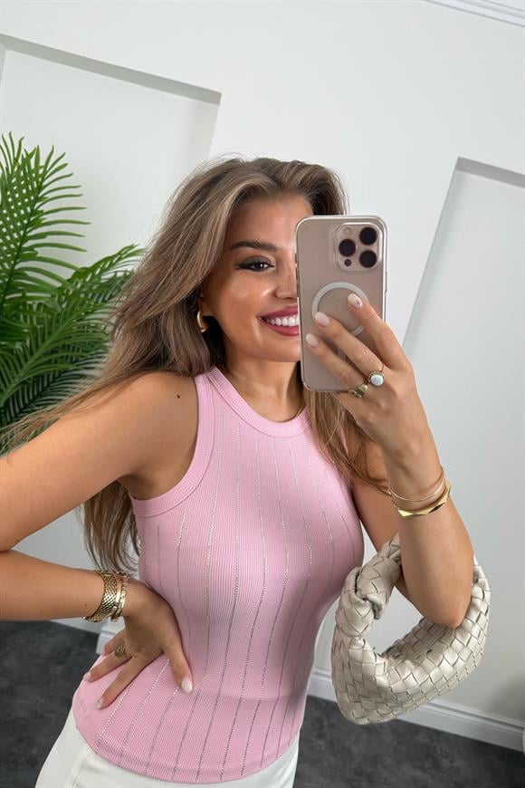 Premium Seri Su Yolu Taşlı %100 Pamuk Halter Yaka Atlet Pembe