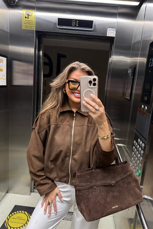Premium Seri Süet Bomber Ceket Acı Kahve