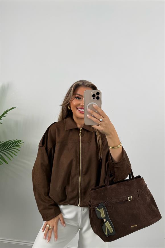 Premium Seri Süet Bomber Ceket Acı Kahve