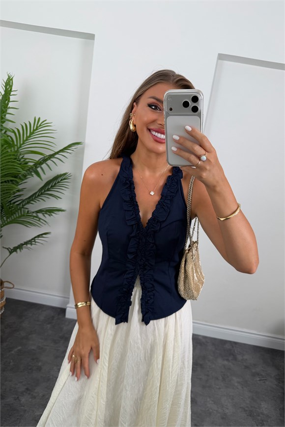 Premium Seri Tam Pamuklu Fırfırlı Amore Bluz Lacivert  