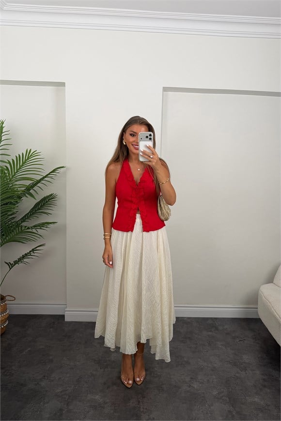 Premium Seri Tam Pamuklu Fırfırlı Amore Bluz Kırmızı   