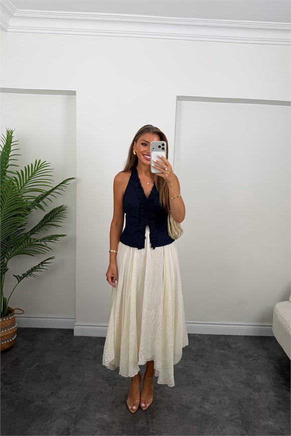 Premium Seri Tam Pamuklu Fırfırlı Amore Bluz Lacivert  