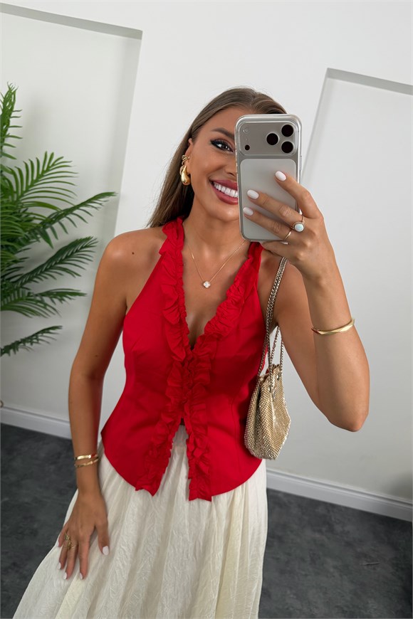 Premium Seri Tam Pamuklu Fırfırlı Amore Bluz Kırmızı   