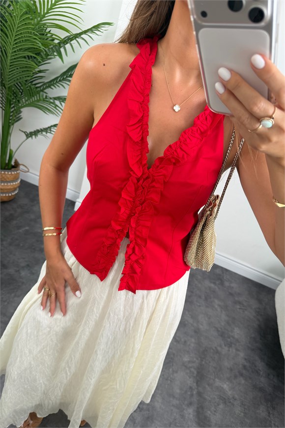 Premium Seri Tam Pamuklu Fırfırlı Amore Bluz Kırmızı   