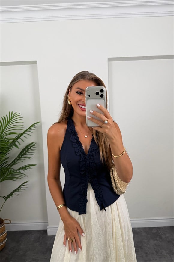 Premium Seri Tam Pamuklu Fırfırlı Amore Bluz Lacivert  