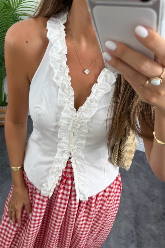 Premium Seri Tam Pamuklu Fırfırlı Amore Bluz Beyaz  