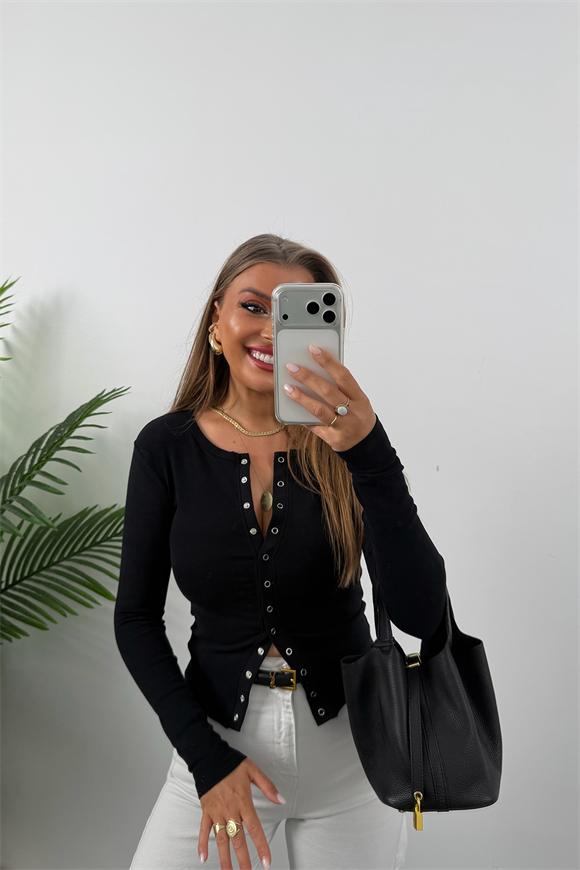 Premium Seri Tam Pamuklu Full Çıtçıtlı Uzun Kol Basic Siyah