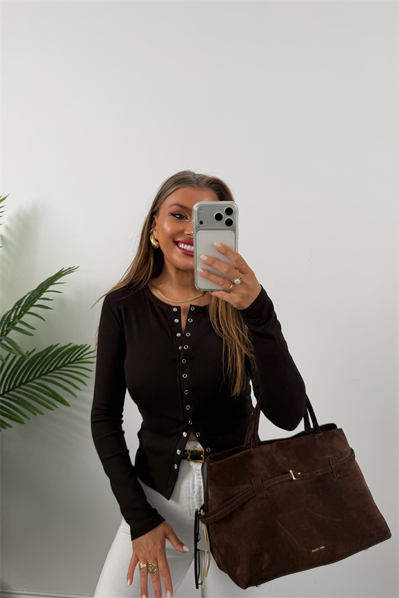 Premium Seri Tam Pamuklu Full Çıtçıtlı Uzun Kol Basic Acı Kahve