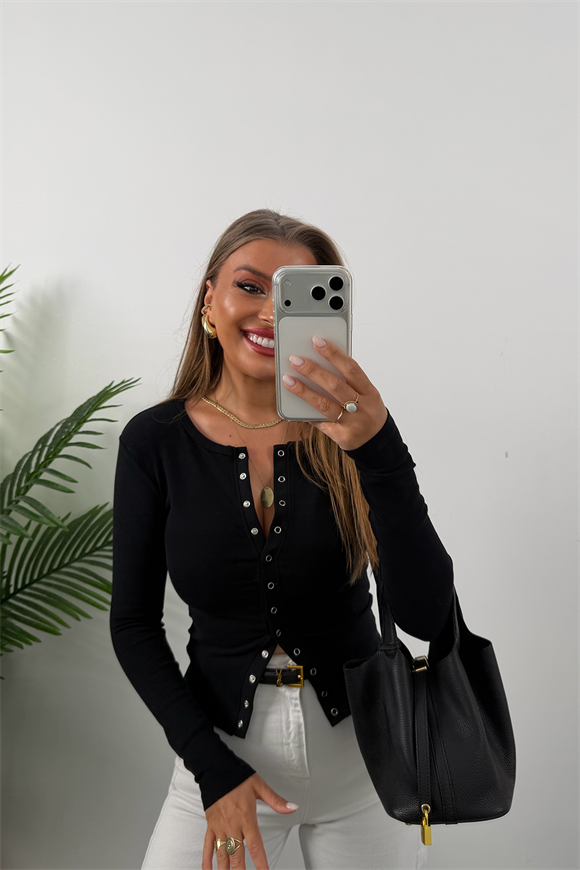 Premium Seri Tam Pamuklu Full Çıtçıtlı Uzun Kol Basic Siyah