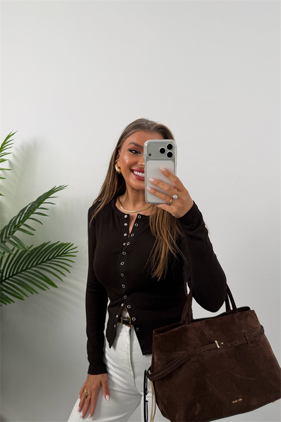 Premium Seri Tam Pamuklu Full Çıtçıtlı Uzun Kol Basic Acı Kahve