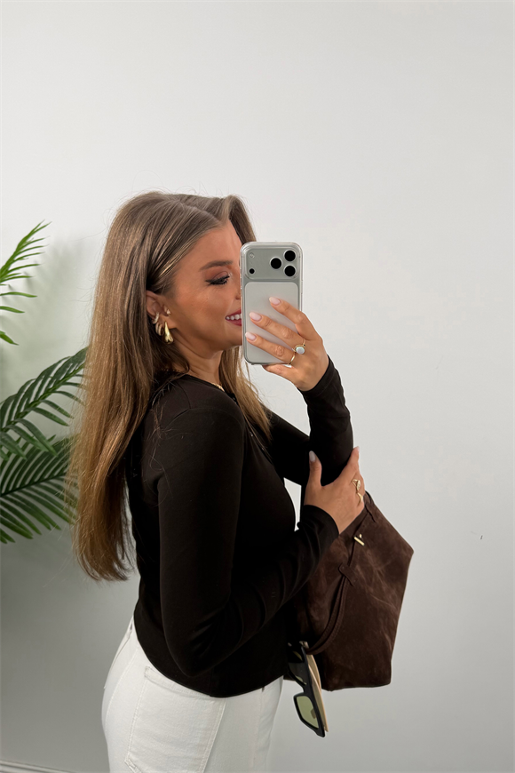 Premium Seri Tam Pamuklu Full Çıtçıtlı Uzun Kol Basic Acı Kahve