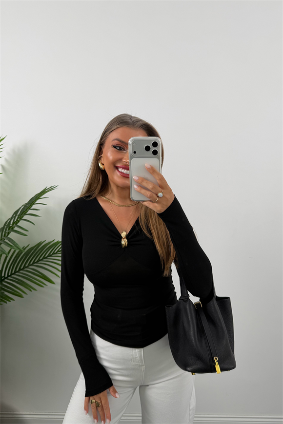 Premium Seri Tam Pamuklu Gold Detaylı Basic Bluz Siyah