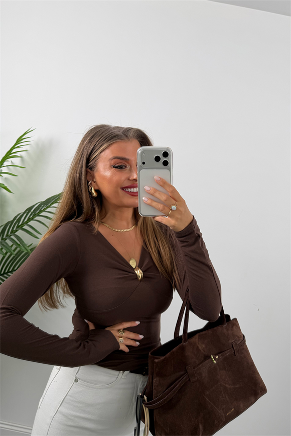 Premium Seri Tam Pamuklu Gold Detaylı Basic Bluz Acı Kahve
