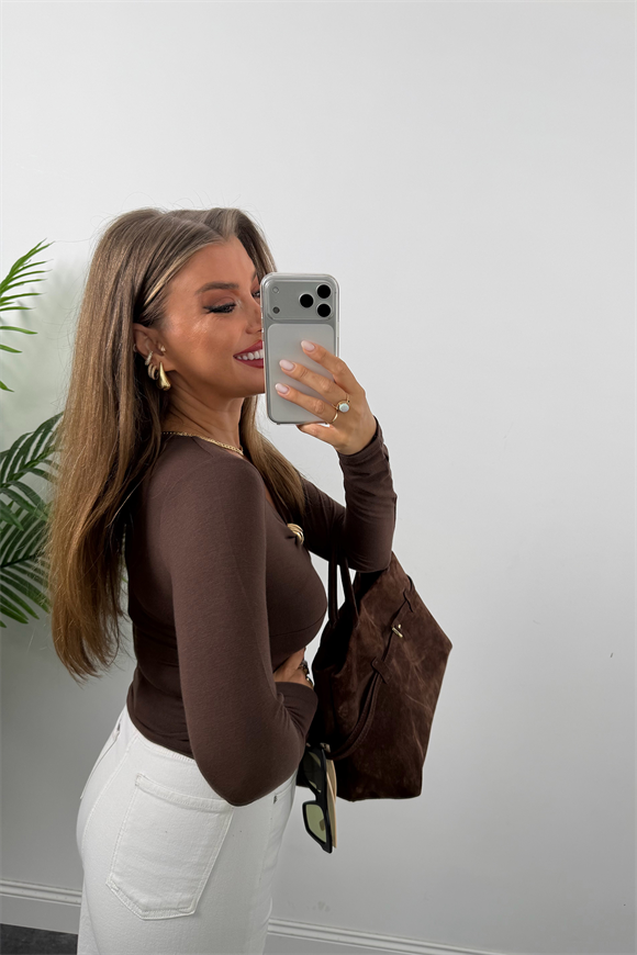 Premium Seri Tam Pamuklu Gold Detaylı Basic Bluz Acı Kahve
