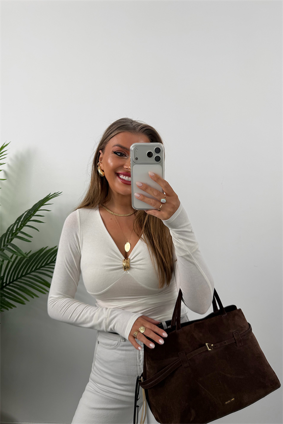 Premium Seri Tam Pamuklu Gold Detaylı Basic Bluz Ekru