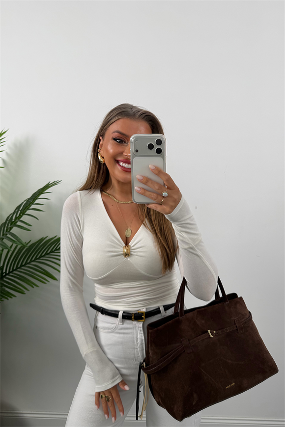 Premium Seri Tam Pamuklu Gold Detaylı Basic Bluz Ekru