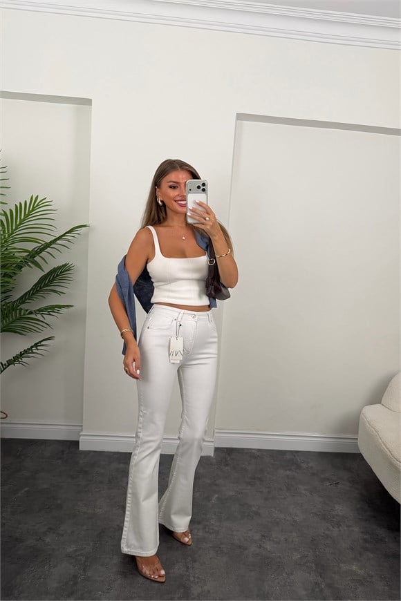 Premium Seri Tam Pamuklu İspanyol Jean Pantolon Beyaz