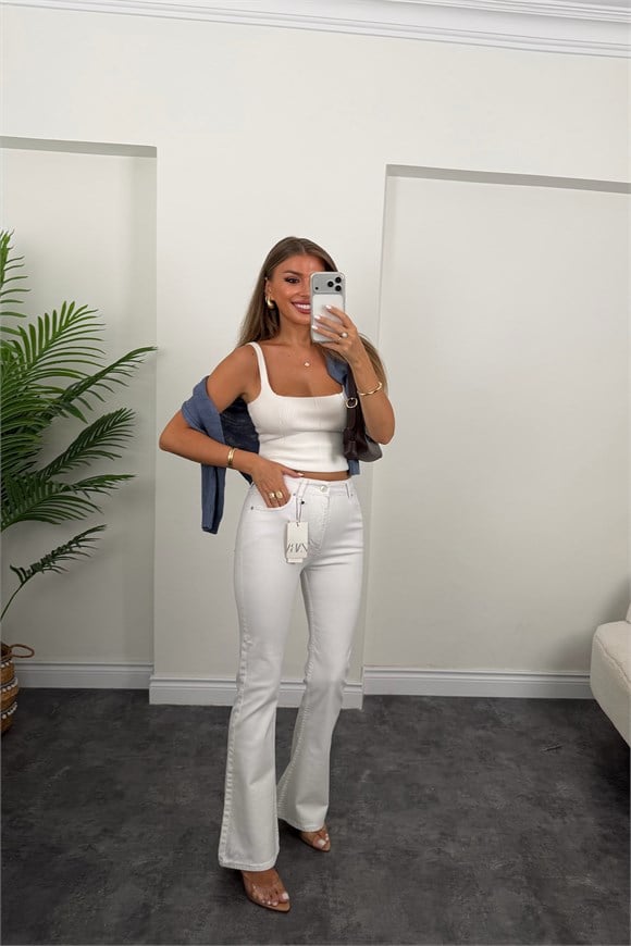 Premium Seri Tam Pamuklu İspanyol Jean Pantolon Beyaz