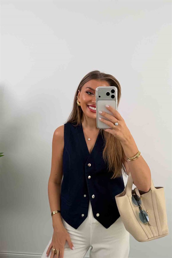 Premium Seri Tam Pamuklu Jean Yelek Lacivert