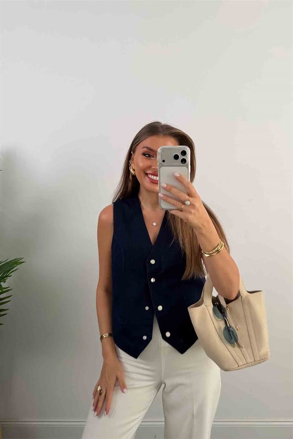 Premium Seri Tam Pamuklu Jean Yelek Lacivert