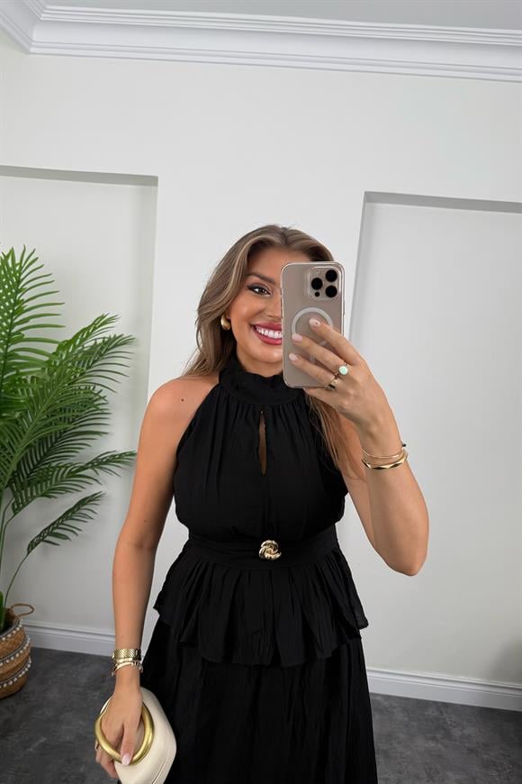 Premium Seri Tasarım Bluz Etek Keten Takım Siyah