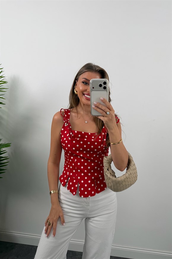 Premium Seri Tasarım Korse Bluz Kırmızı Beyaz Puantiyeli