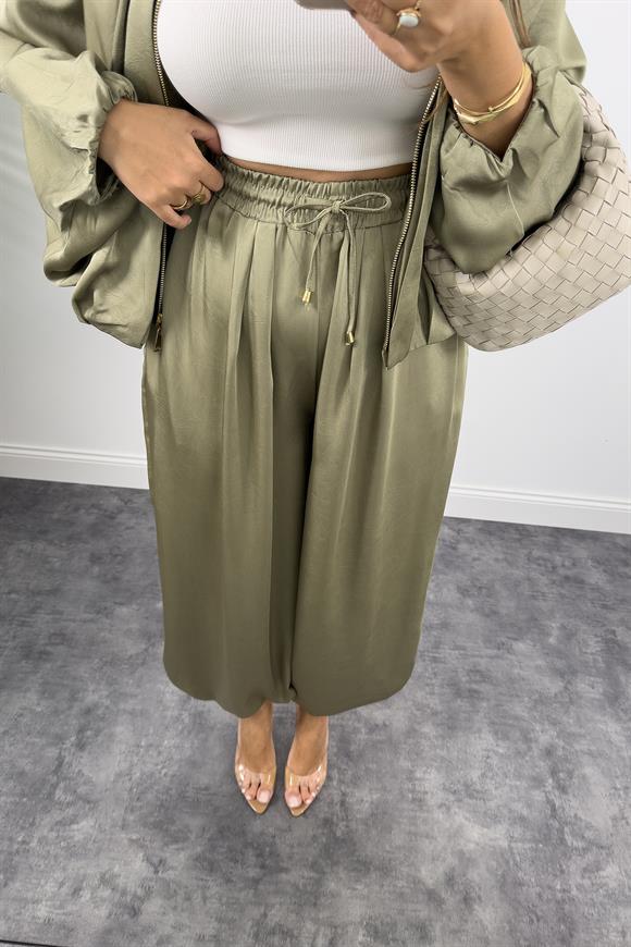 Premium Seri Tasarım Saten Şalvar Pantolon Haki