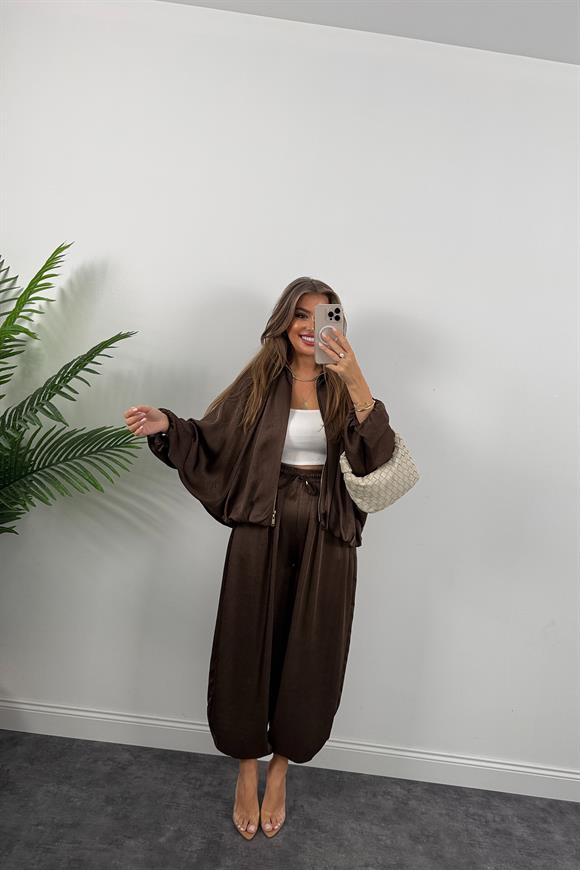 Premium Seri Tasarım Saten Şalvar Pantolon Acı Kahve