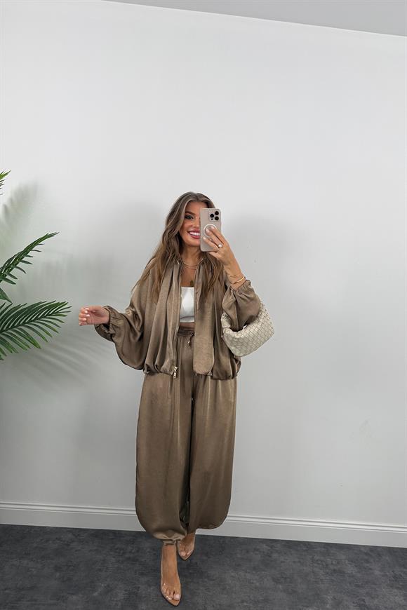 Premium Seri Tasarım Saten Şalvar Pantolon Vizon