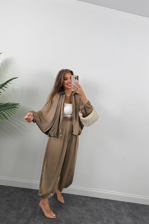 Premium Seri Tasarım Saten Şalvar Pantolon Vizon